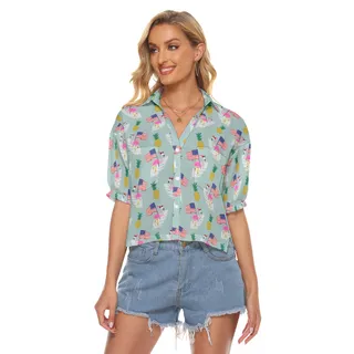 4th Of July Flamingo Hawaiian Crop Top Shirt For Women