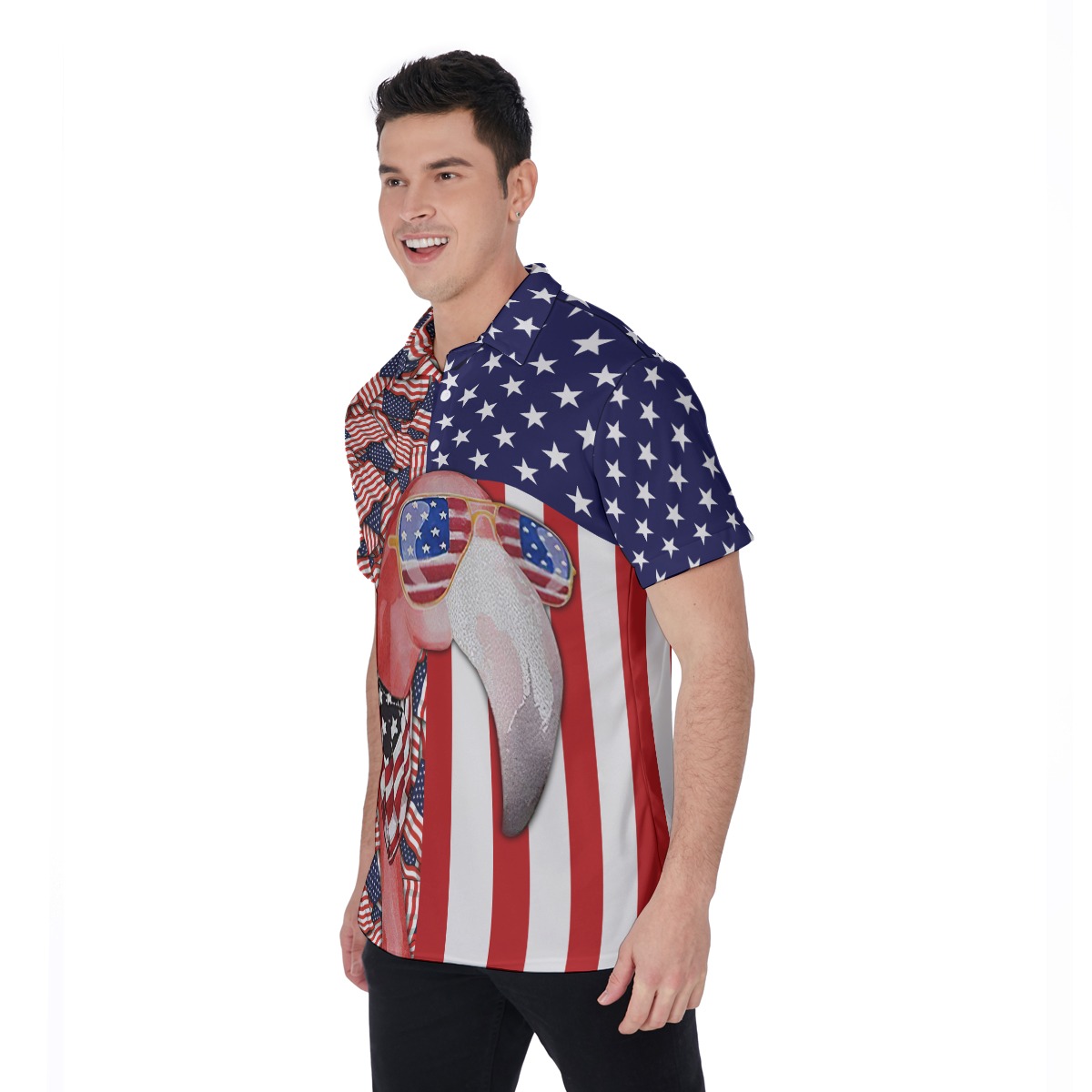 Flamingo American Flag Hawaiian Polo Shirt