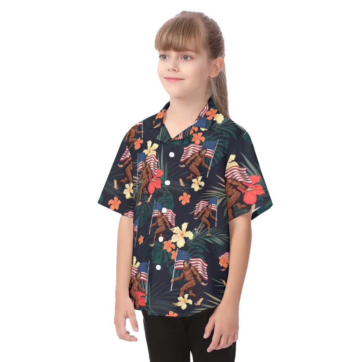 Big Foot American Flag Short Sleeve Hawaiian Shirt For Kids