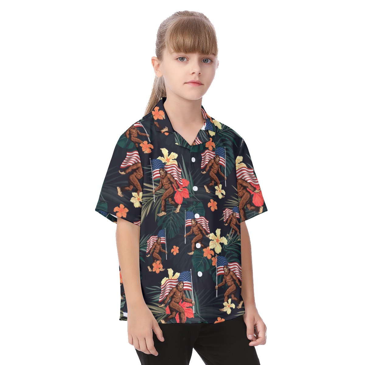 Big Foot American Flag Short Sleeve Hawaiian Shirt For Kids