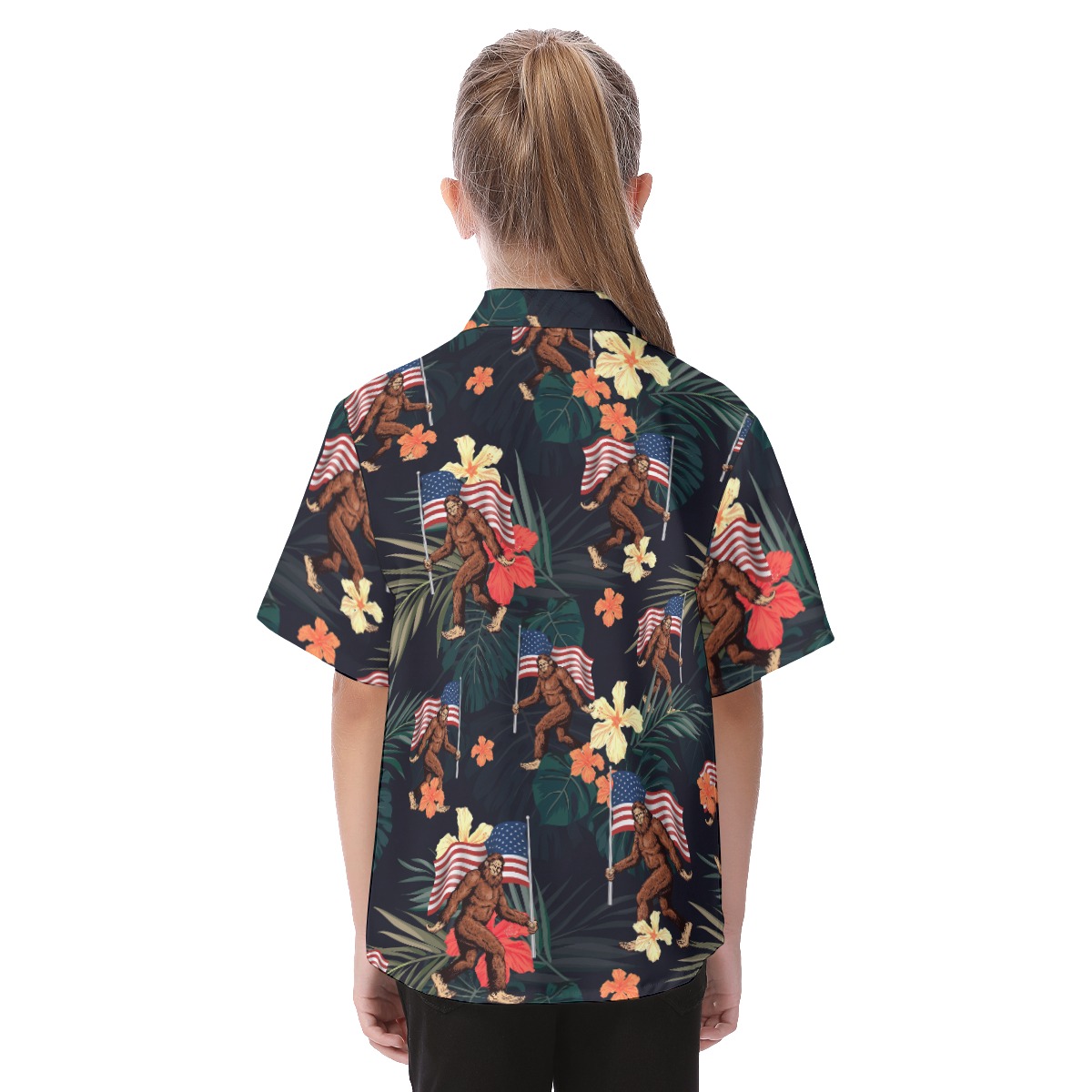 Big Foot American Flag Short Sleeve Hawaiian Shirt For Kids