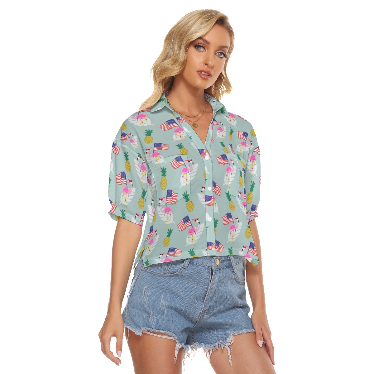 4th Of July Flamingo Hawaiian Crop Top Shirt For Women