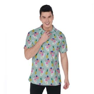 Flamingo American Flag Hawaiian Polo Shirt
