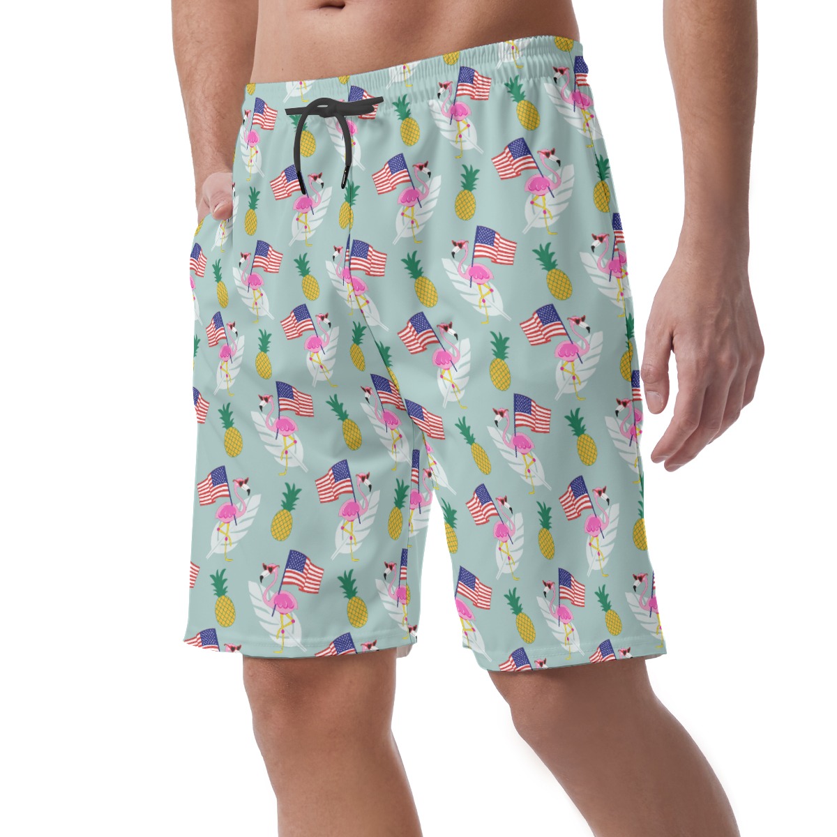 4th of July Flamingo Hawaiian Beach Shorts For Men