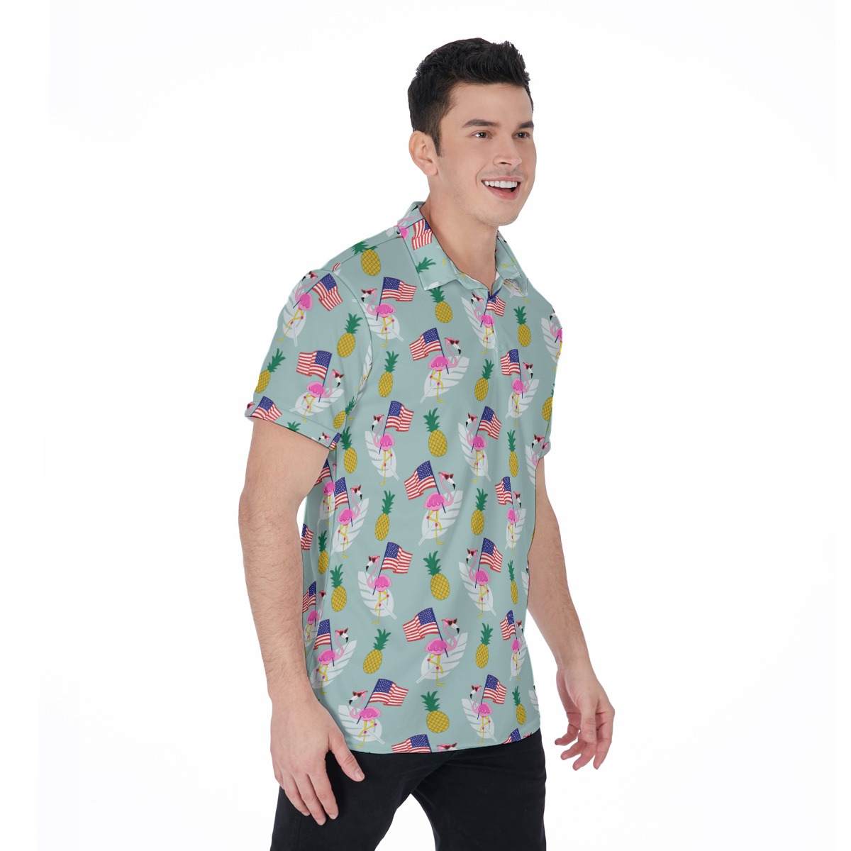 Flamingo American Flag Hawaiian Polo Shirt