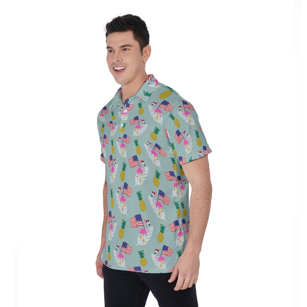 Flamingo American Flag Hawaiian Polo Shirt