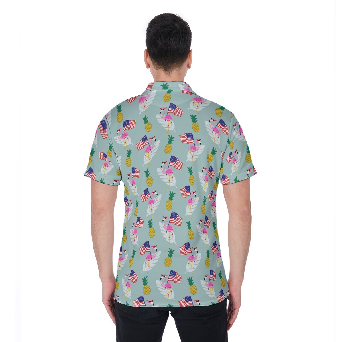 Flamingo American Flag Hawaiian Polo Shirt