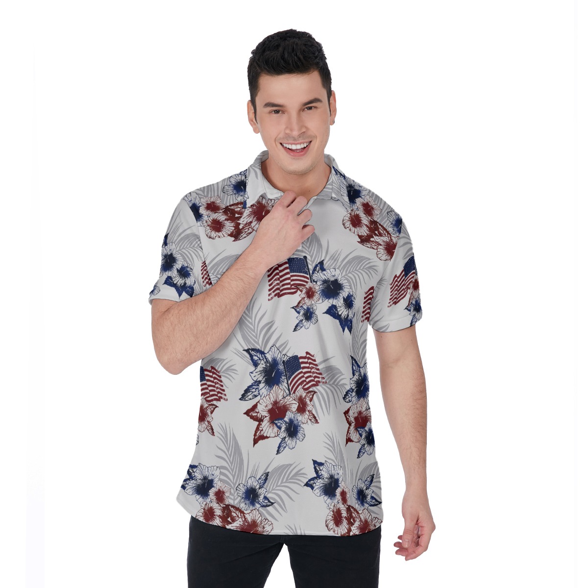 Floral American Flag Hawaiian Polo Shirt For Men - variant image 1