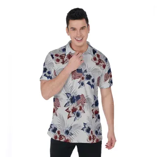 Floral American Flag Hawaiian Polo Shirt For Men