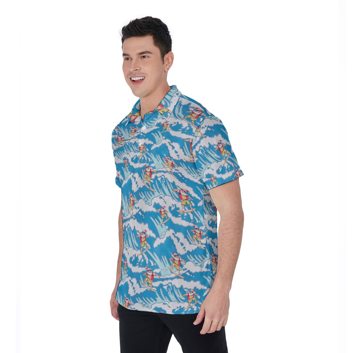 Santa Surfing Christmas Hawaiian Polo Shirt