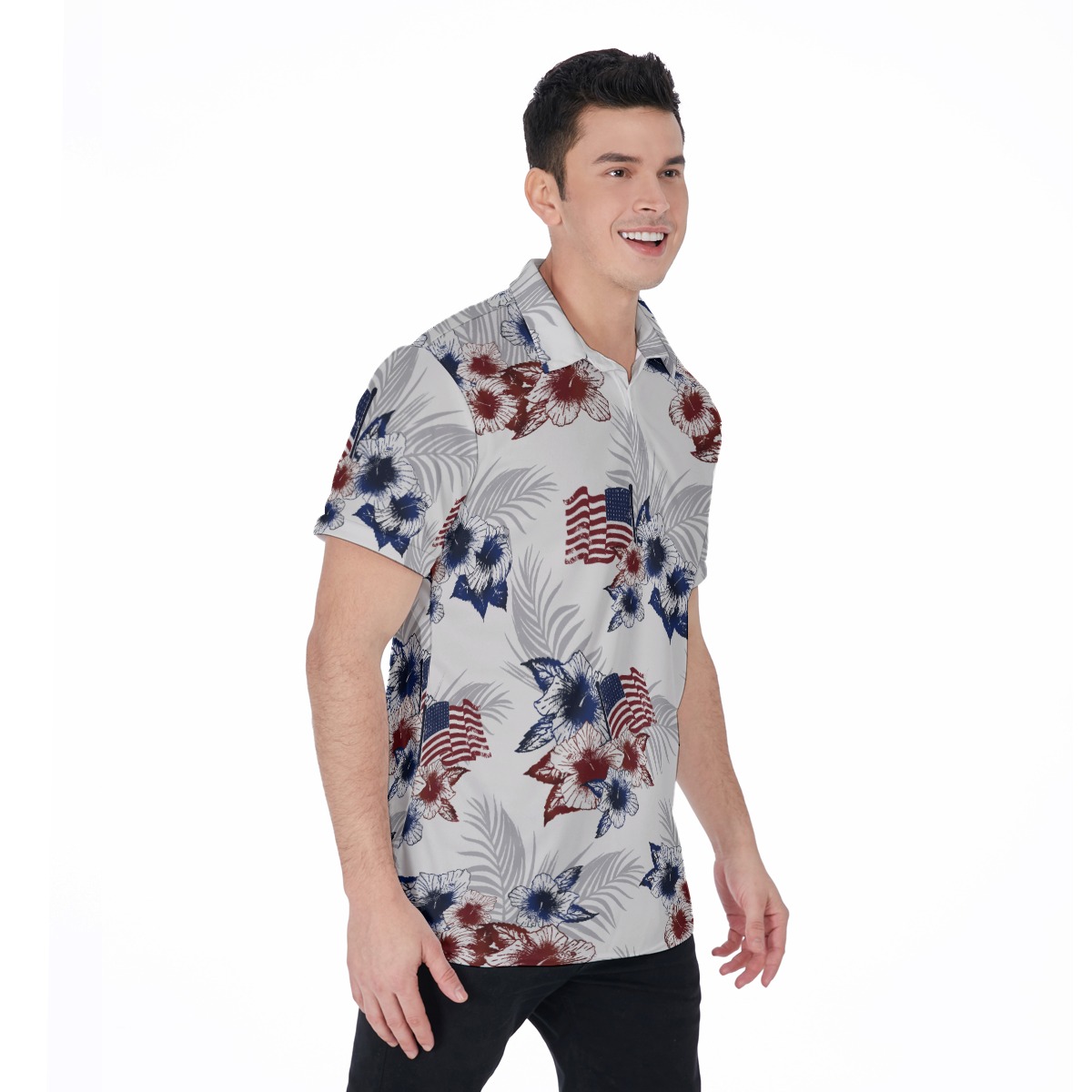 Floral American Flag Hawaiian Polo Shirt For Men