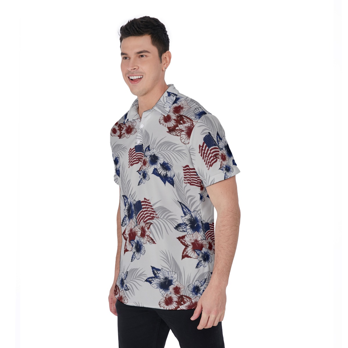 Floral American Flag Hawaiian Polo Shirt For Men