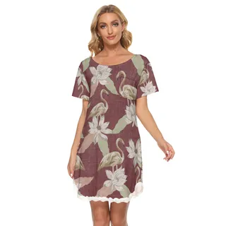 Flamingo Floral Aloha Dress With Lace Edge
