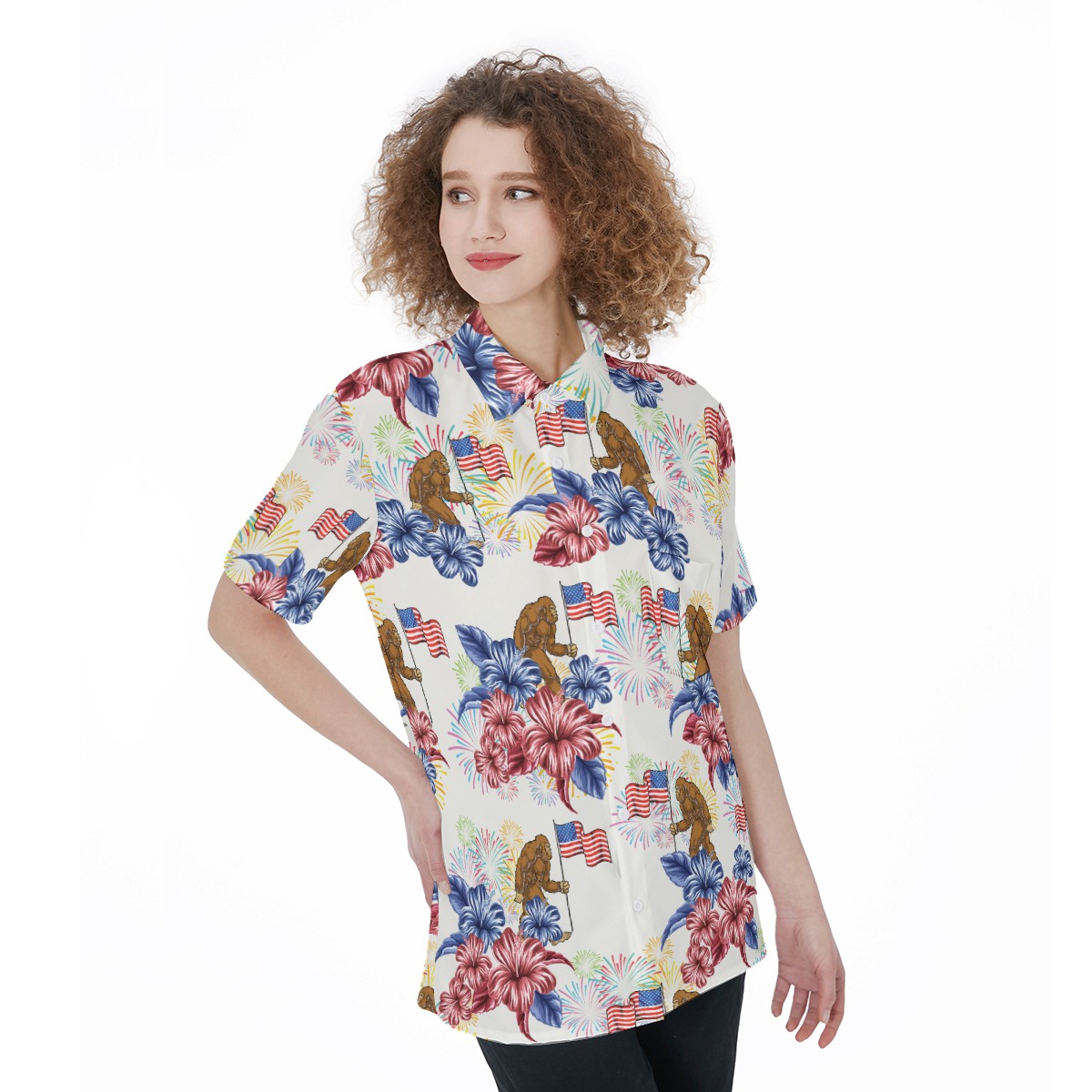 Bigfoot American Flag Hibiscus Tropical Hawaiian Shirt