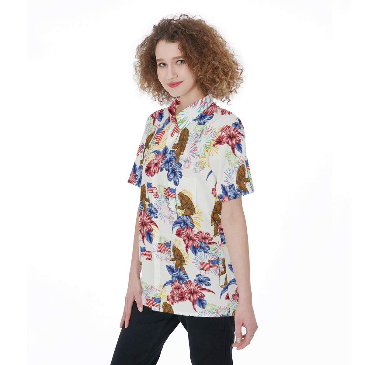 Bigfoot American Flag Hibiscus Tropical Hawaiian Shirt