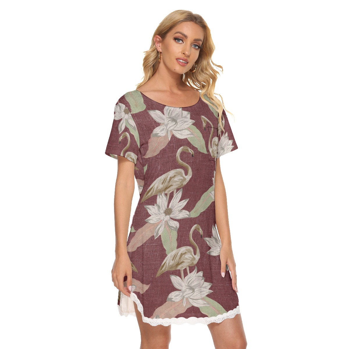 Flamingo Floral Aloha Dress With Lace Edge