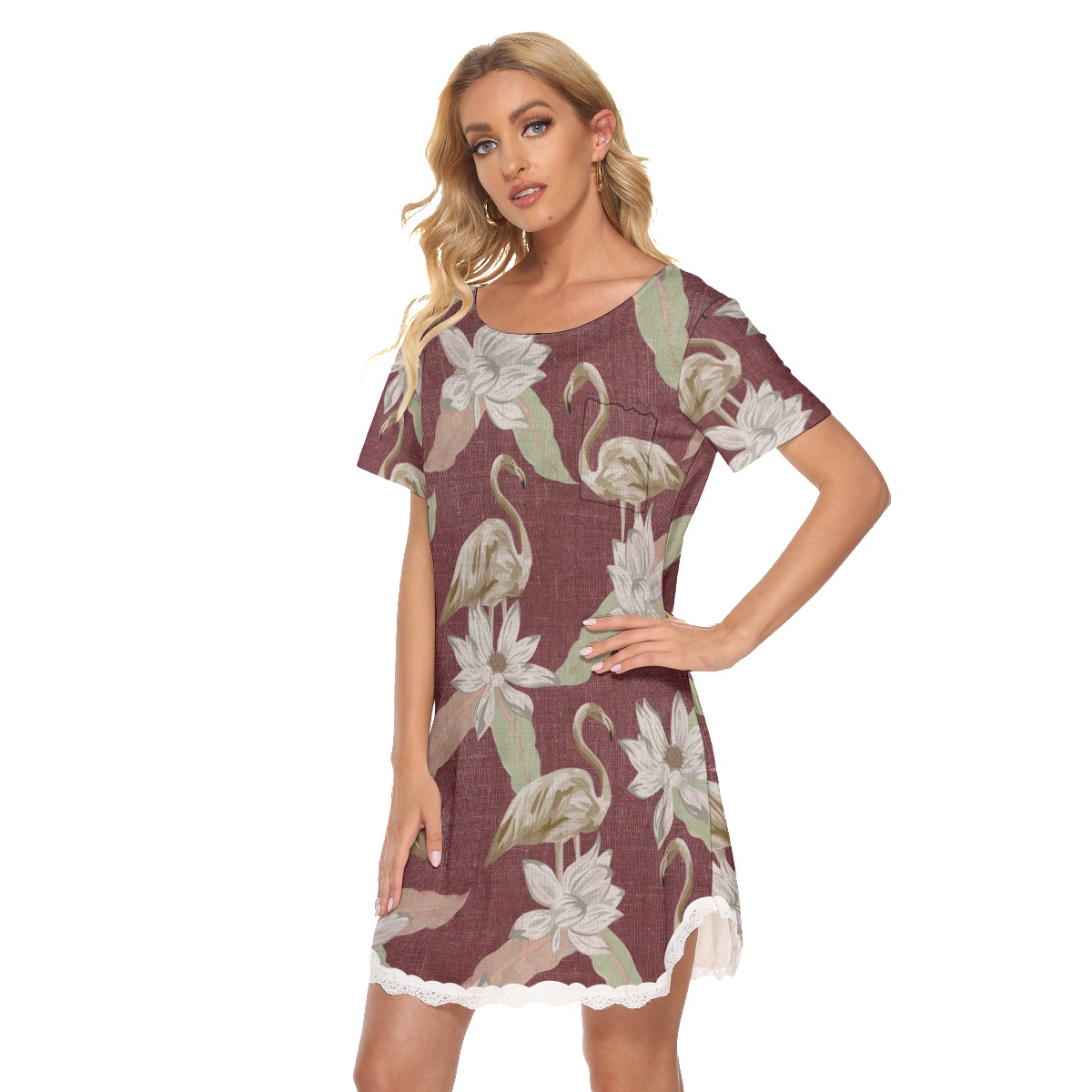 Flamingo Floral Aloha Dress With Lace Edge