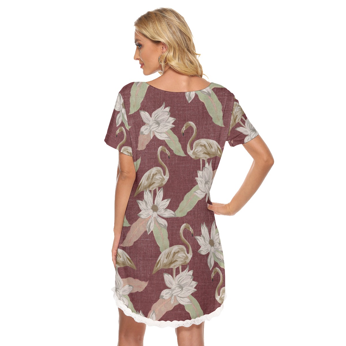 Flamingo Floral Aloha Dress With Lace Edge