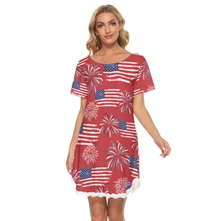 4th Of July Pattern Hawaiian Dress With Lace Edge For Women