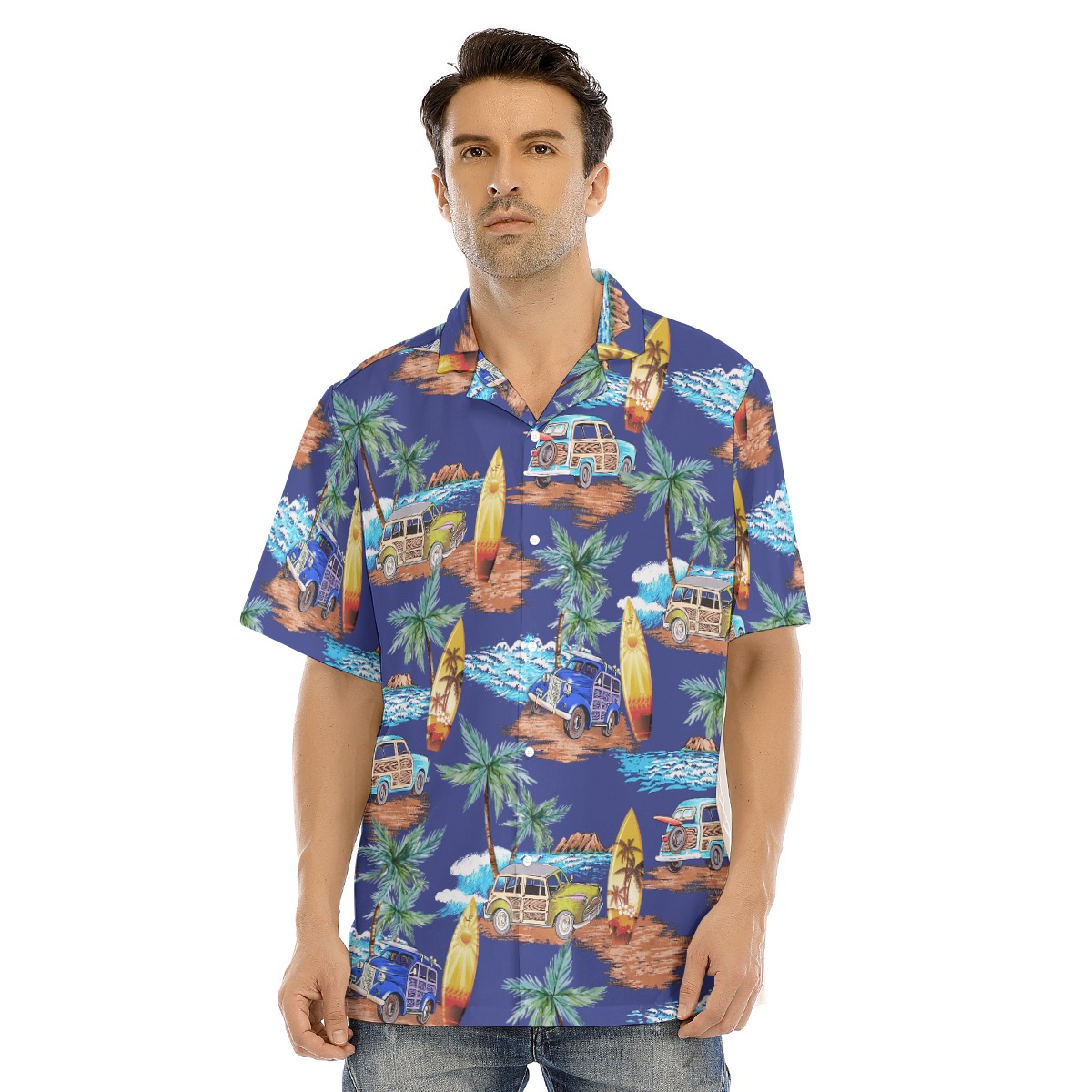 Aloha Shirt Surfboards Palm Trees Woody Cars For Men - variant image 1