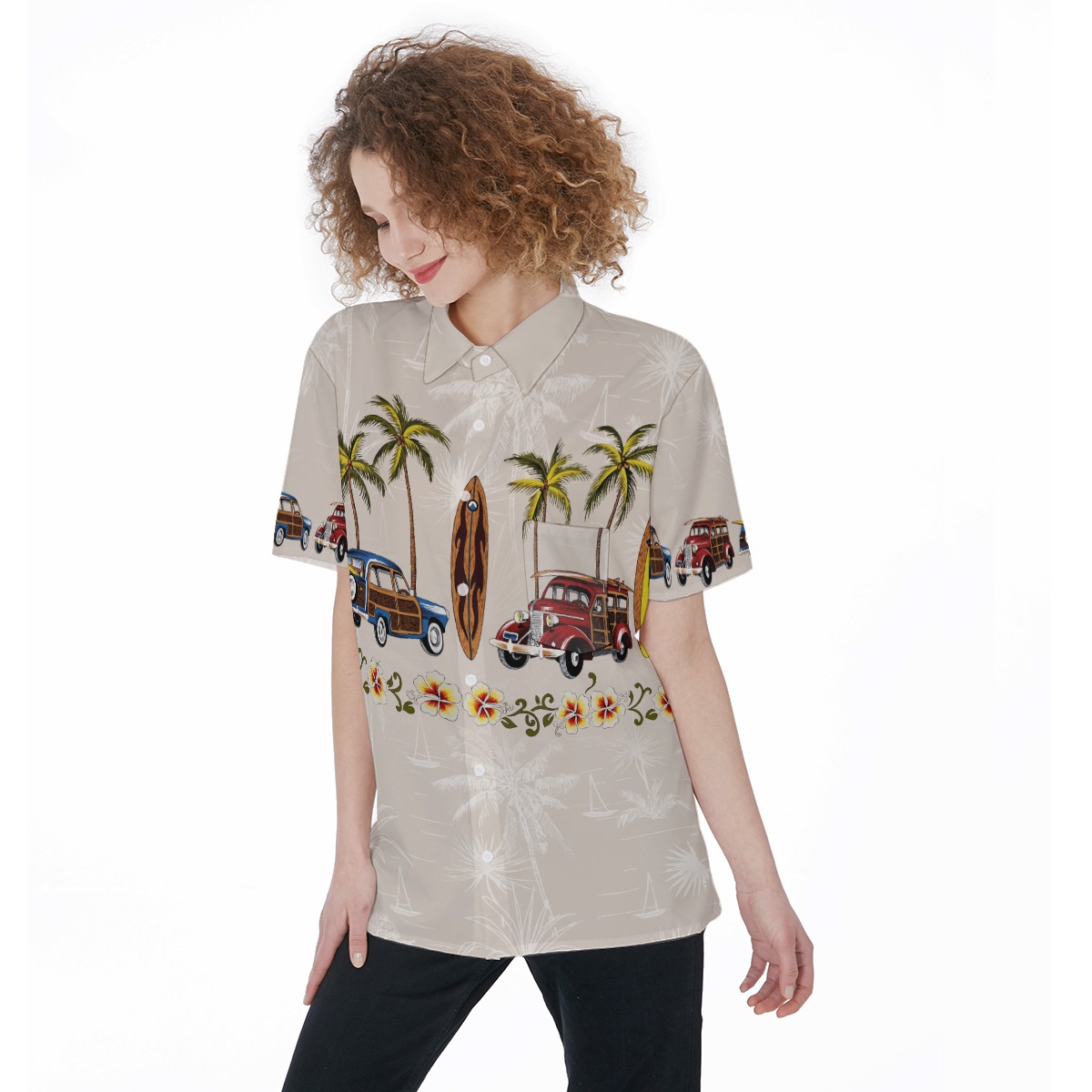 Hawaiian Shirt Surf Board Palm Tree Woody Car For Women - variant image 1