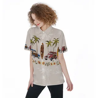 Hawaiian Shirt Surf Board Palm Tree Woody Car For Women