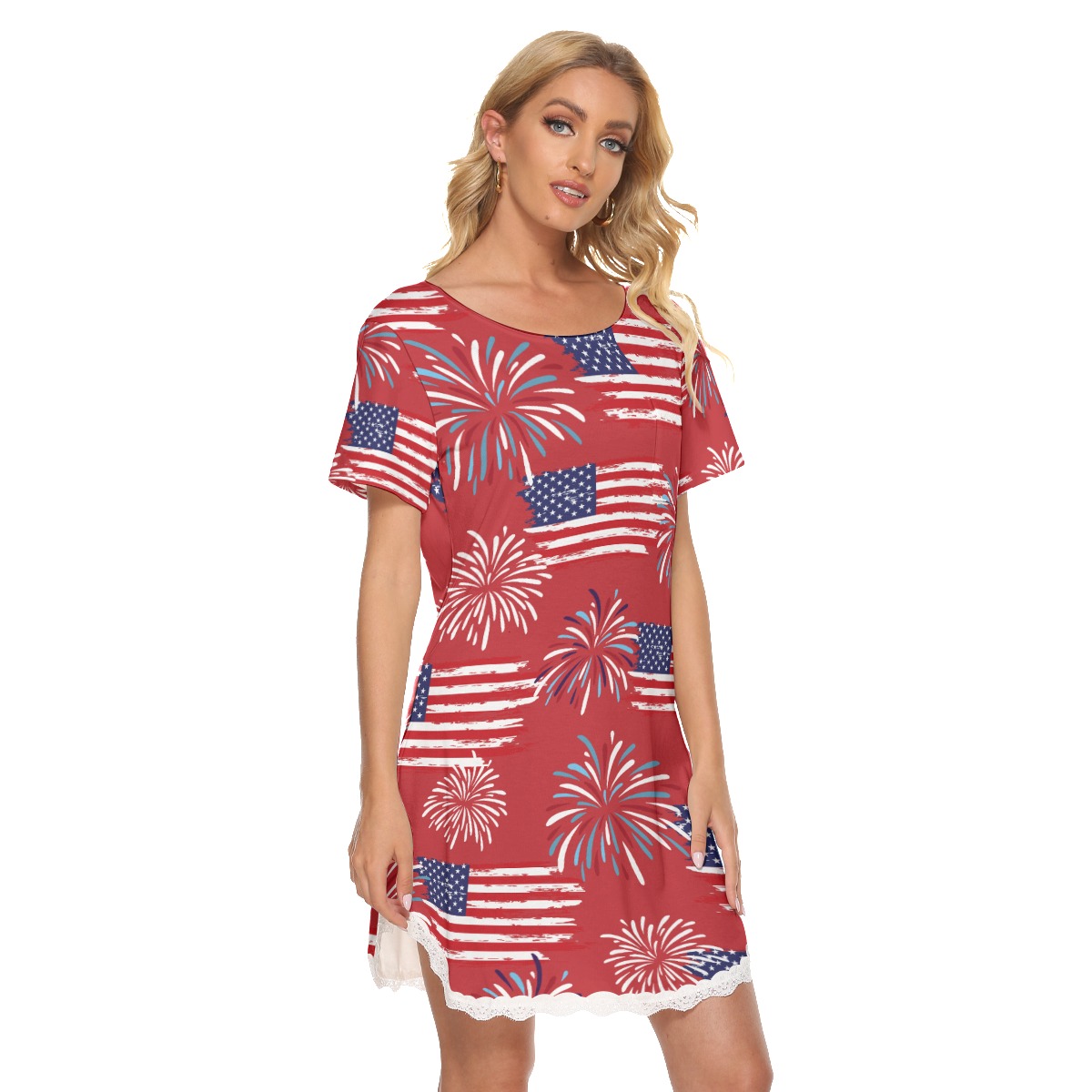 4th Of July Pattern Hawaiian Dress With Lace Edge For Women
