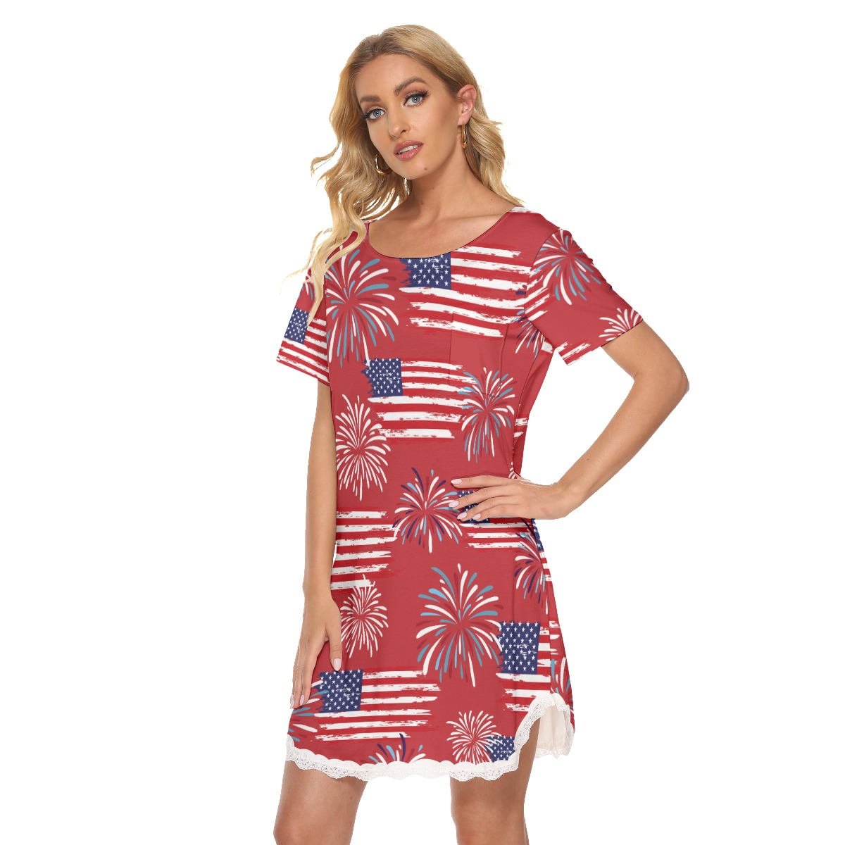 4th Of July Pattern Hawaiian Dress With Lace Edge For Women