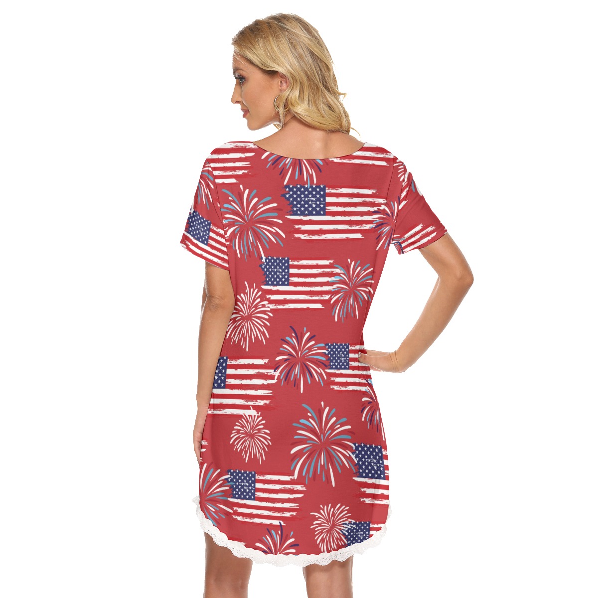 4th Of July Pattern Hawaiian Dress With Lace Edge For Women