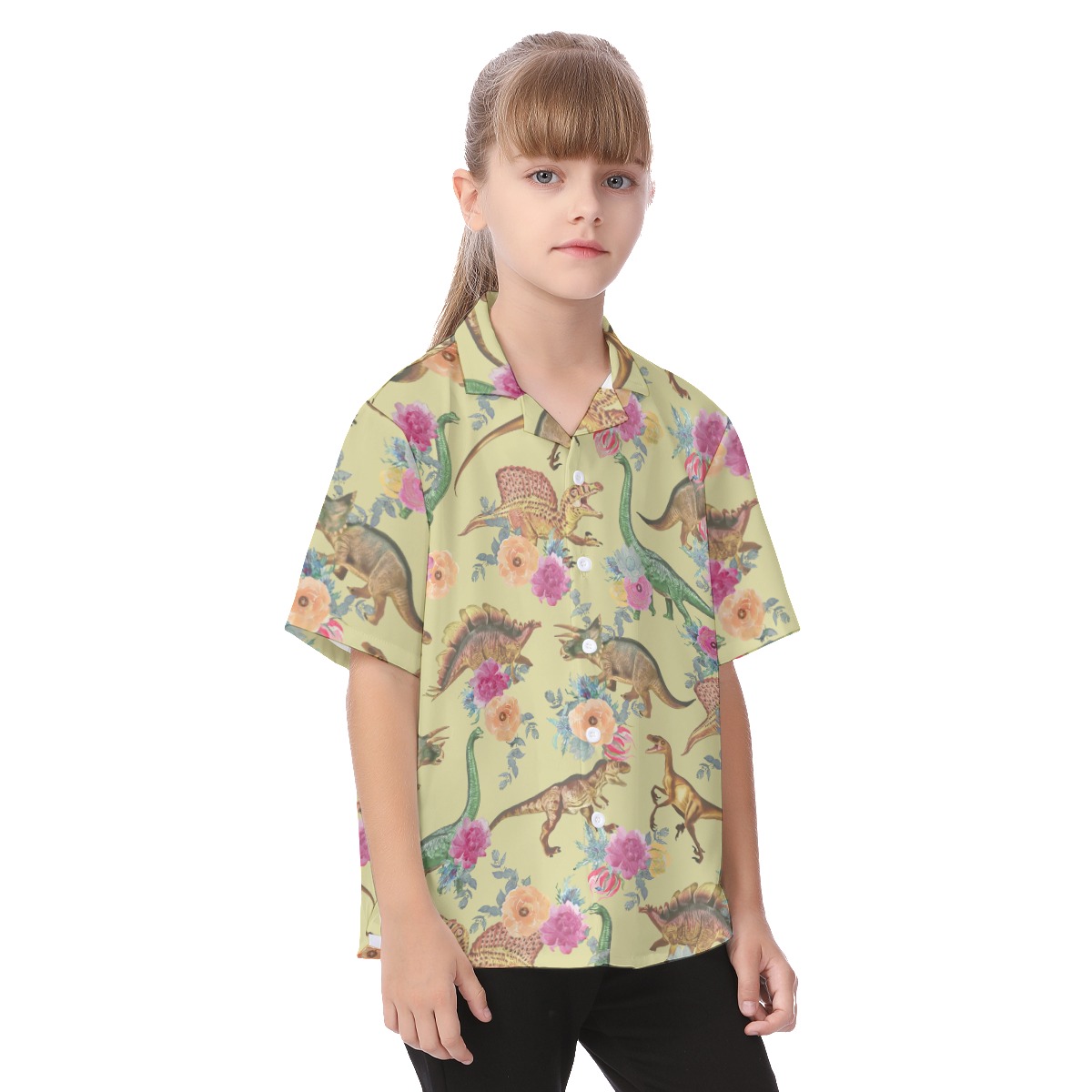 Floral Dinosaur Short Sleeve Hawaiian Shirt For Kids