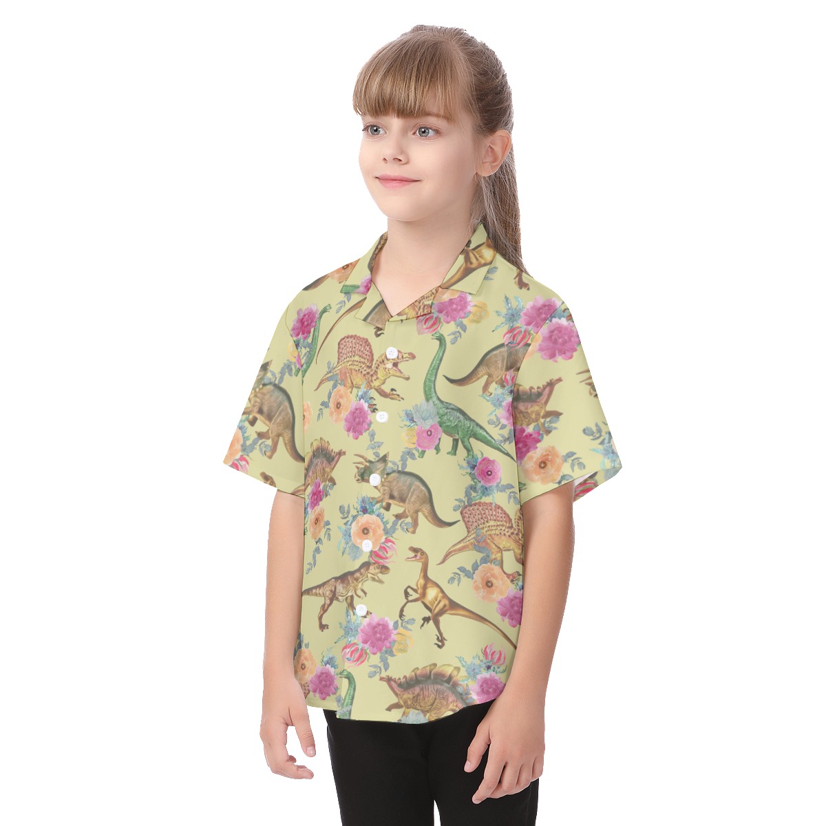 Floral Dinosaur Short Sleeve Hawaiian Shirt For Kids