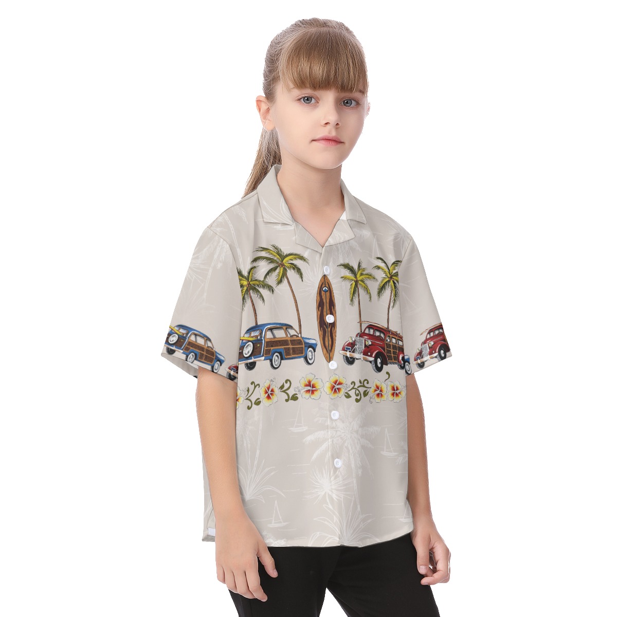 Kid's Hawaiian Shirt Palm Tree Surfboard Cartoon Car For Vacation