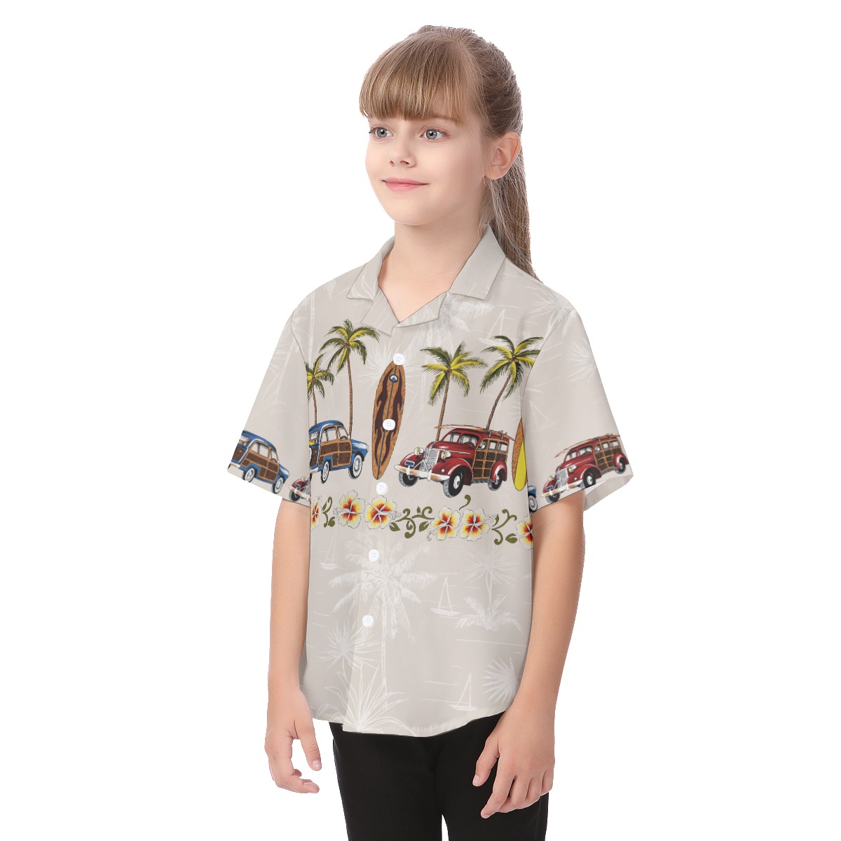 Kid's Hawaiian Shirt Palm Tree Surfboard Cartoon Car For Vacation