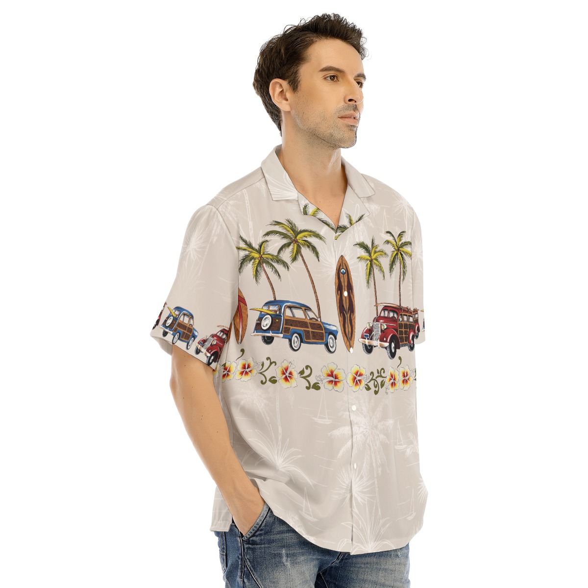 Cars Surfboard And Palm Trees Beach Shirt For Men