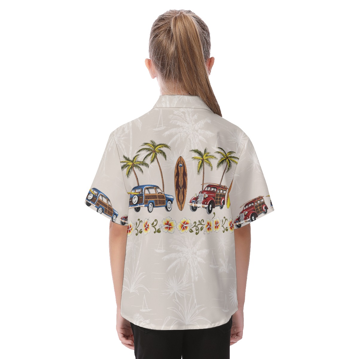 Kid's Hawaiian Shirt Palm Tree Surfboard Cartoon Car For Vacation