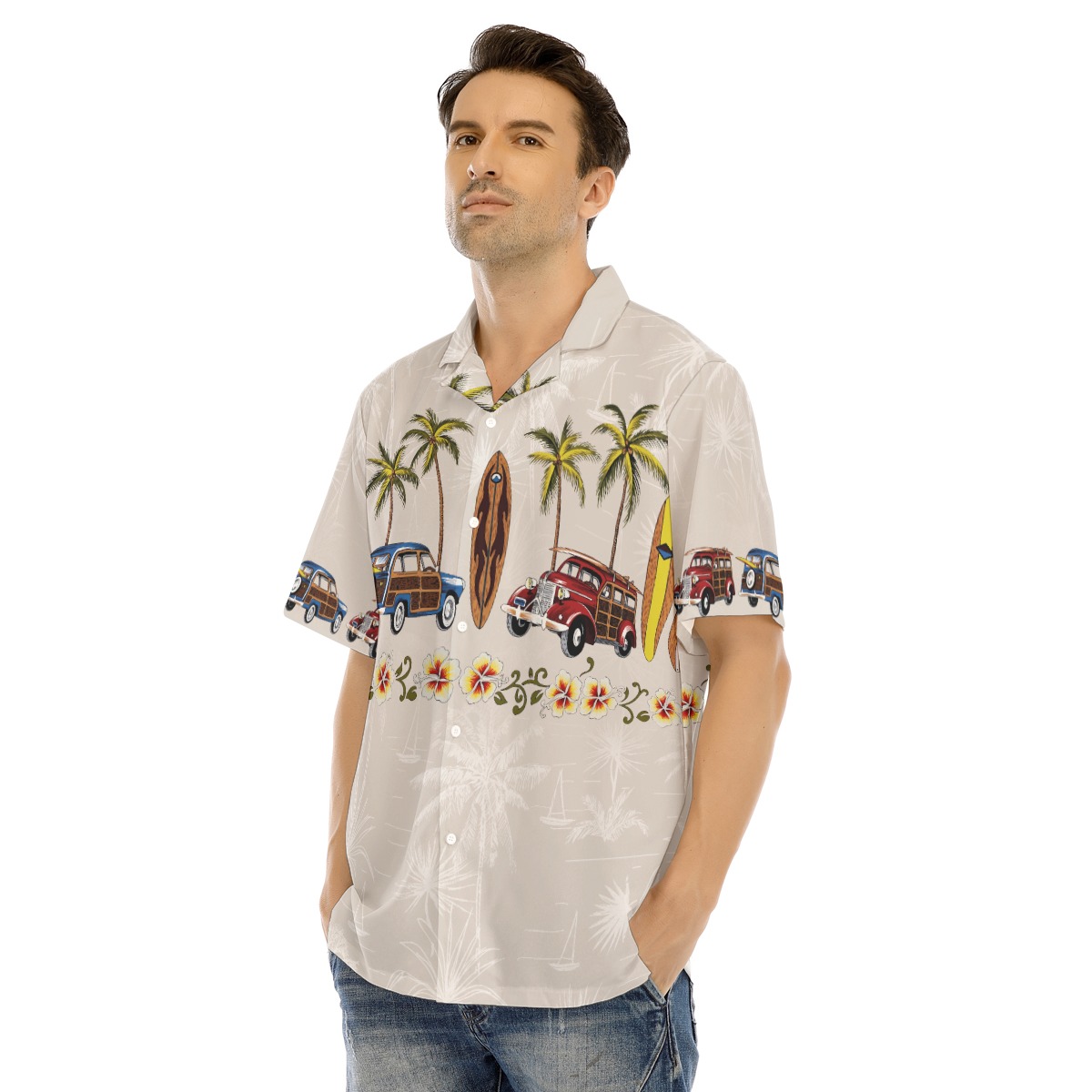 Cars Surfboard And Palm Trees Beach Shirt For Men