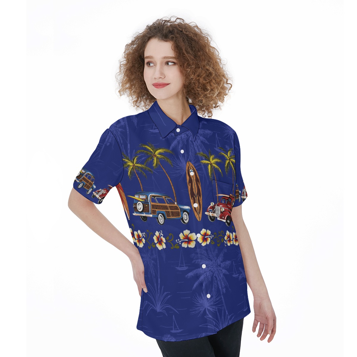 Cars Surfboard And Palm trees Hawaiian Shirt For Women