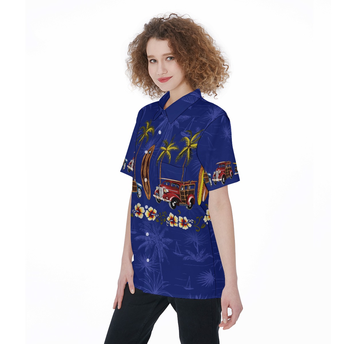 Cars Surfboard And Palm trees Hawaiian Shirt For Women