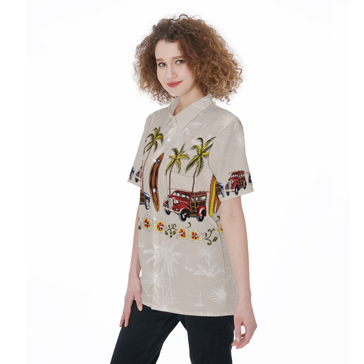 Hawaiian Shirt Surf Board Palm Tree Woody Car For Women