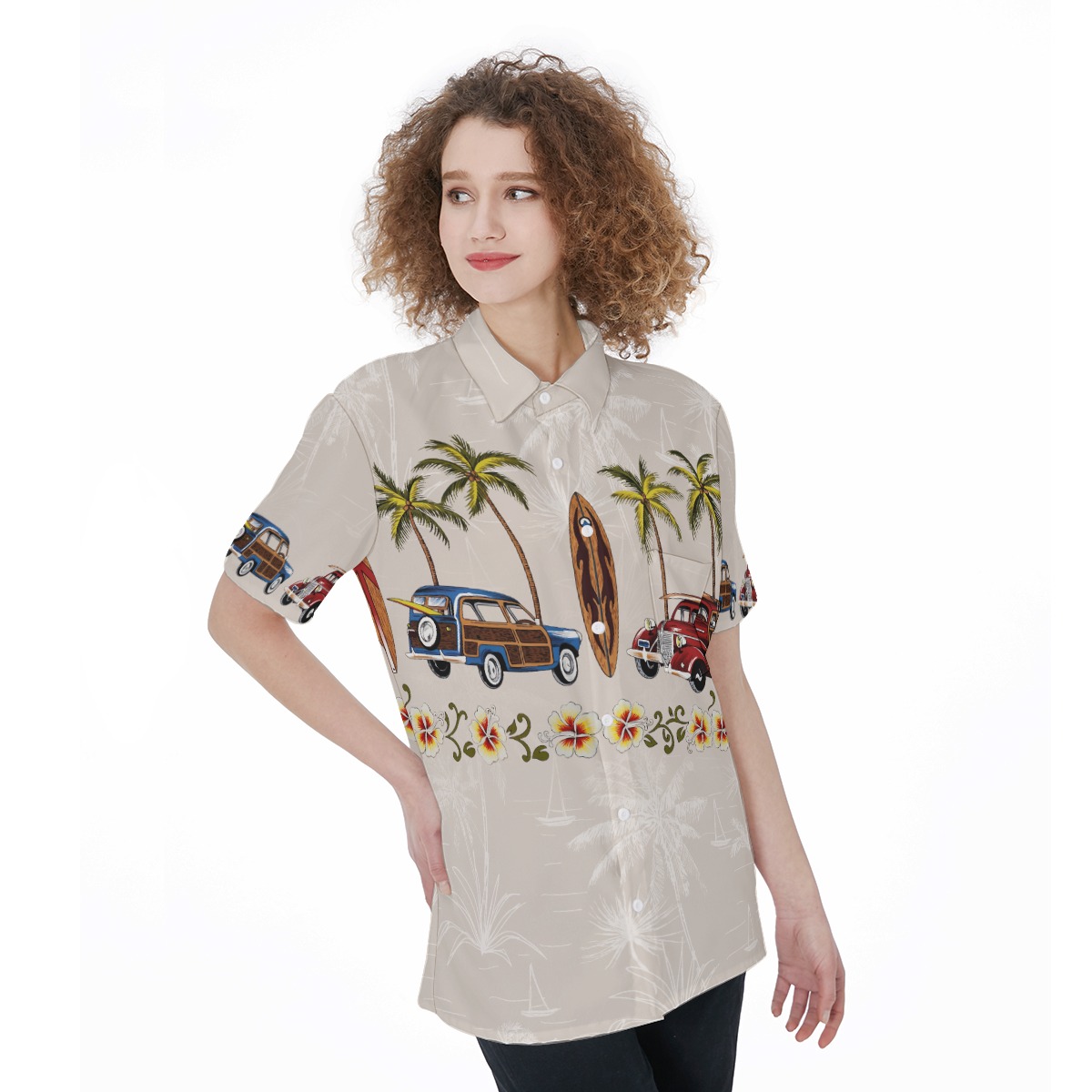 Hawaiian Shirt Surf Board Palm Tree Woody Car For Women