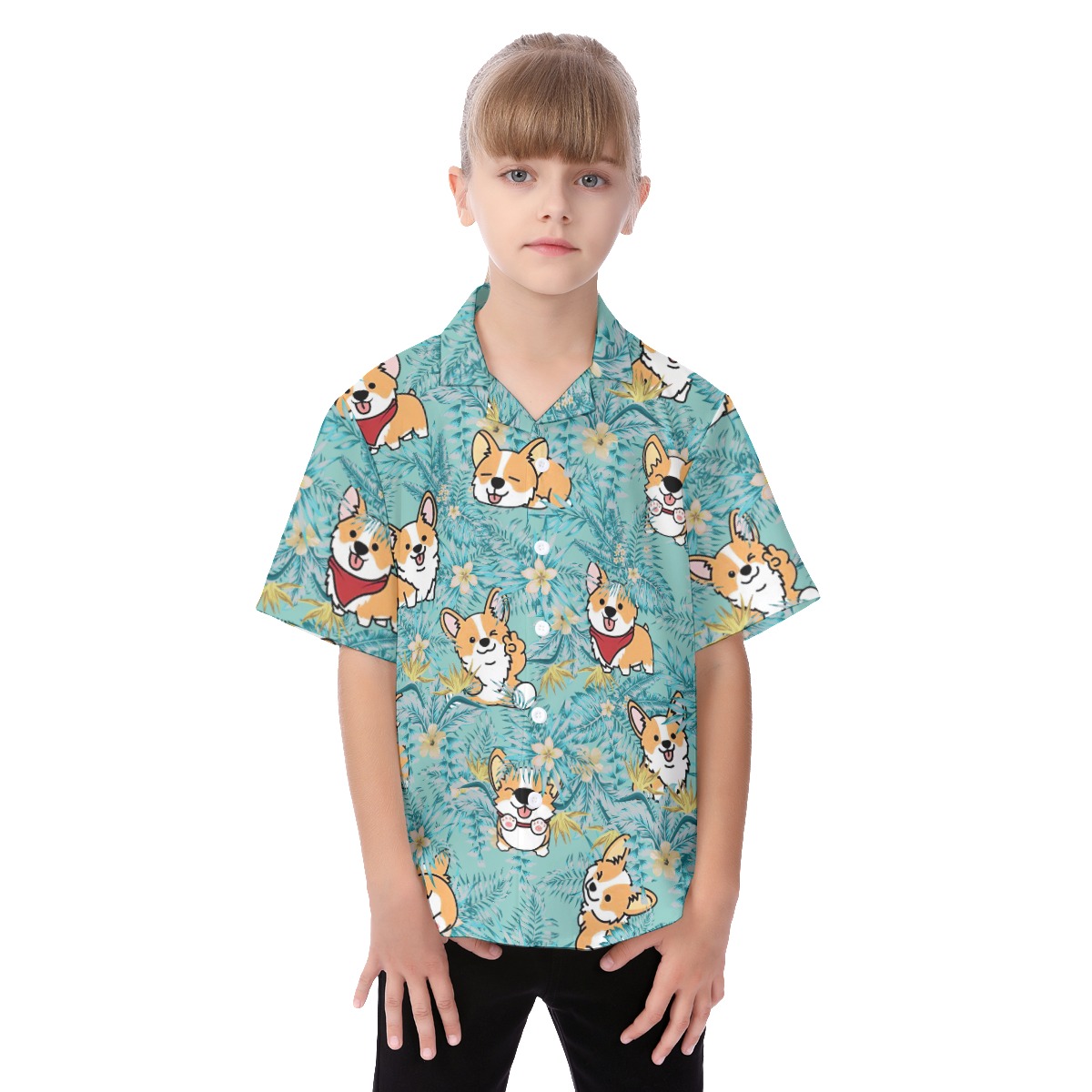 Corgi Welsh Button Short Sleeve Hawaiian Shirt For Kids - variant image 1