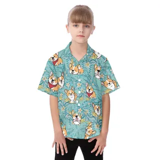 Corgi Welsh Button Short Sleeve Hawaiian Shirt For Kids