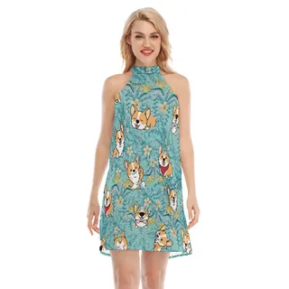 Corgi Neck Tie Tropical Hawaiian Dress