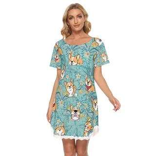 Blue Tropical Corgi Hawaiian Lace Dress