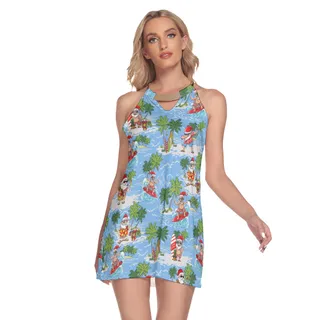 Santa Claus Surfing Beach Round Neck Hawaiian Dress