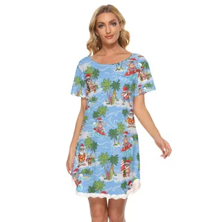 Funny Santa Surfer Hawaiian Beach Dress With Lace Edge
