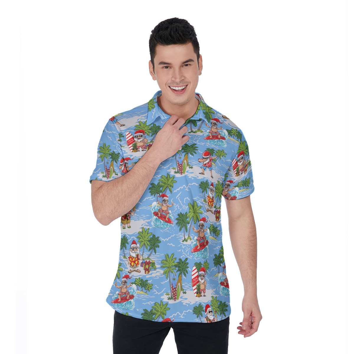 Funny Santa Surfing Hawaiian Polo Shirt - variant image 1