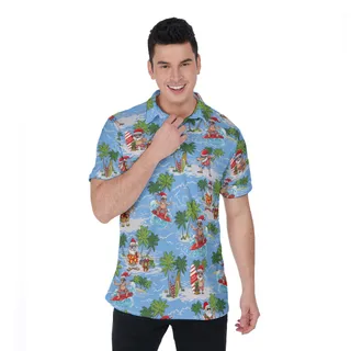 Funny Santa Surfing Hawaiian Polo Shirt