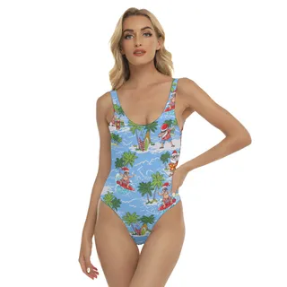 Funny Surfing Santa Claus Blue Swimsuit For Women