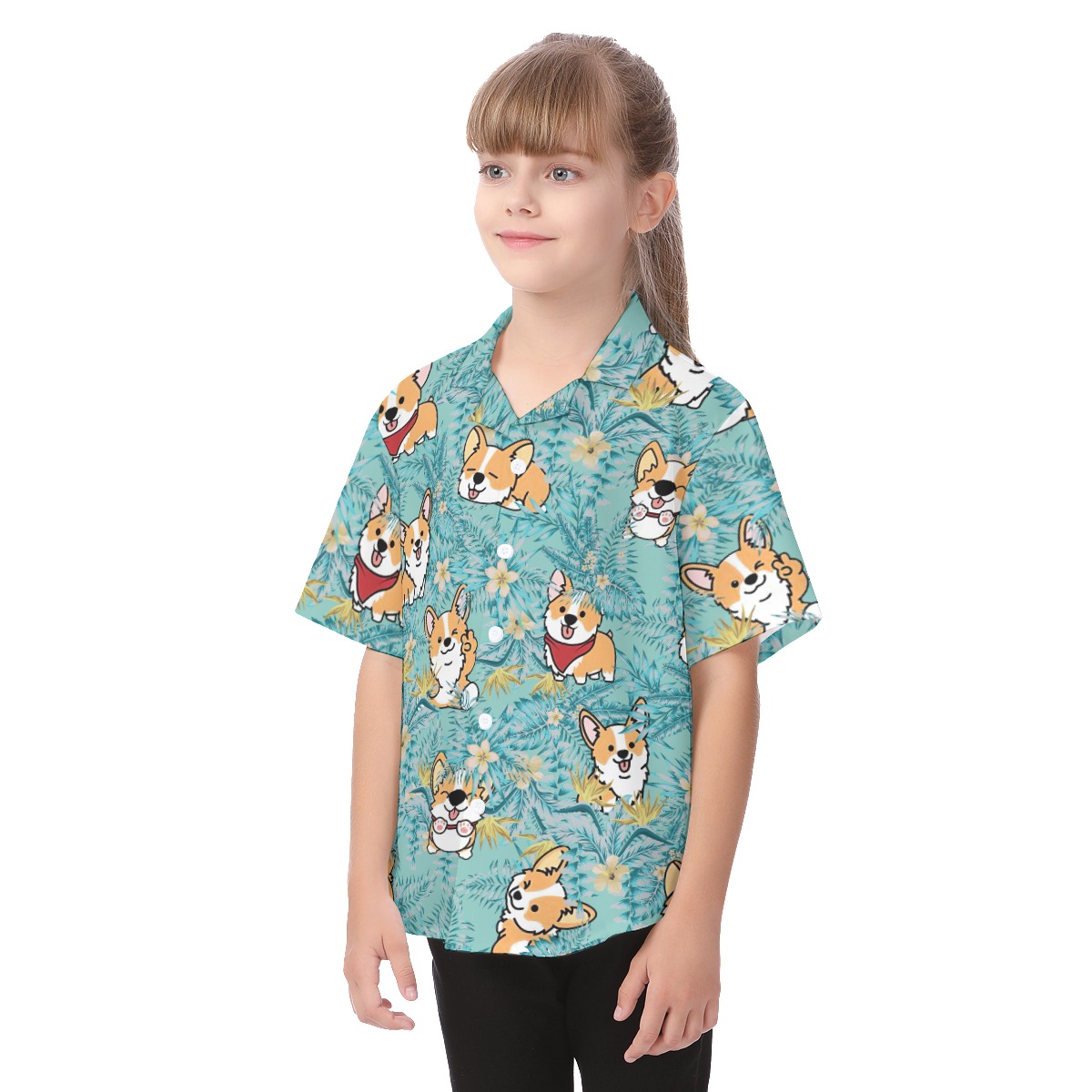 Corgi Welsh Button Short Sleeve Hawaiian Shirt For Kids